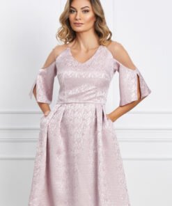 Rochie Moze roz din brocard cu tull la umeri