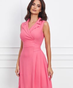 Rochie Moze roz somon cu rever crestat si imprimeu discret