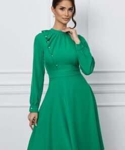 Rochie Moze verde clos cu fenta la bust si nasturi decorativi