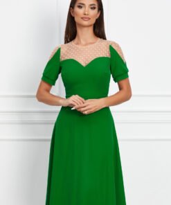 Rochie Moze verde cu buline catifelate la decolteu
