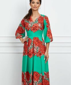 Rochie Moze verde cu imprimeu floral orange