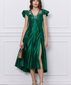 Rochie Moze verde cu paiete la bust si crepeu maxi