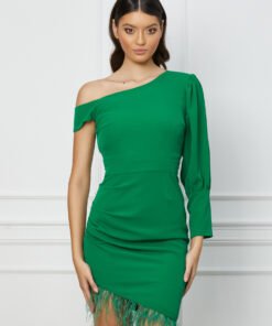 Rochie Moze verde cu pene la baza si lungime asimetrica