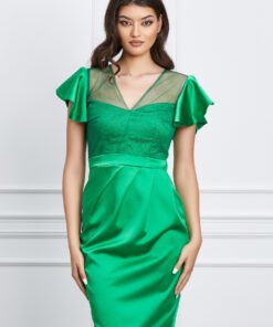 Rochie Moze verde din satin cu glitter la bust