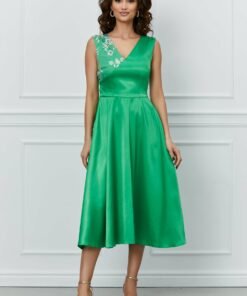 Rochie Moze verde din tafta cu broderie la bust