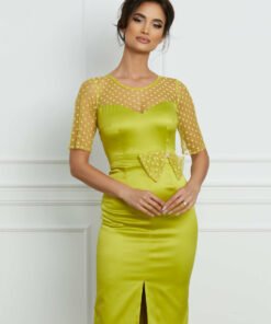 Rochie Moze verde lime cu tull si fundita in talie