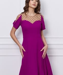 Rochie Moze violet cu buline catifelate la decolteu