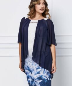 Rochie Natalia alb-bleumarin in degrade cu capa din voal