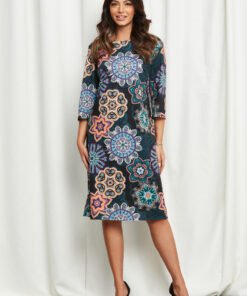 Rochie Natalia neagra cu imprimeuri orange si albastre