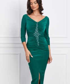 Rochie Nelly verde cu fronseu si broderie din margele