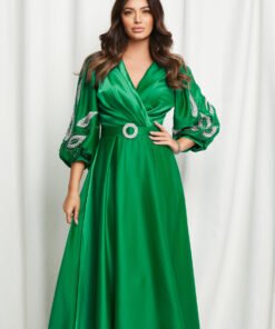 Rochie Nicole verde cu strasuri pe maneci si curea in talie
