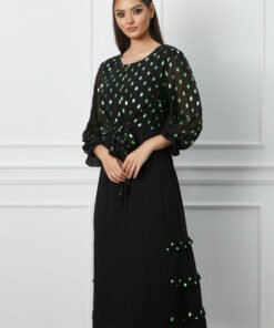 Rochie Nicoleta neagra cu buline verzi metalizate