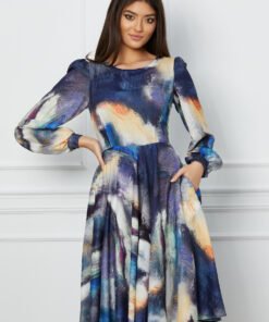 Rochie Oana bleumarin cu imprimeuri bej
