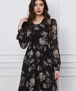 Rochie Oana neagra cu imprimeuri florale bej