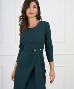 Rochie Oana verde cu brosa in talie si fusta petrecuta