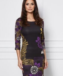 Rochie Pera neagra cu imprimeu galben-mov