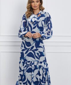 Rochie Ramona alba cu imprimeu albastru