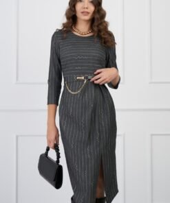 Rochie Sabrina gri cu dungi si curea in talie