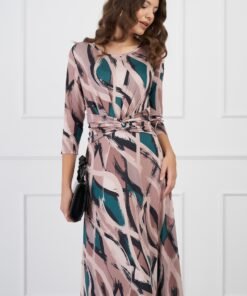 Rochie Sonia bej cu imprimeu verde