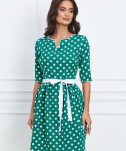 Rochie Sonia verde cu buline si cordon in talie