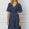 Rochie Sorina bleumarin cu buline albe si volan pe fusta