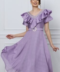 Rochie Suzzie lila cu strasuri si curea in talie