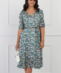 Rochie Teodora verde cu imprimeuri florale peach si cordon in talie