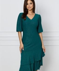 Rochie Vero verde cu glitter si volan la baza