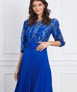 Rochie Veronica albastra cu glitter la bust si curea in talie