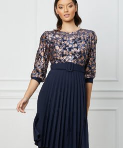 Rochie Veronica bleumarin cu glitter auriu la bust si curea in talie