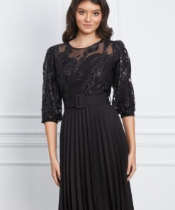 Rochie Veronica neagra cu glitter auriu la bust si curea in talie