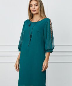Rochie Violeta verde cu buline catifelate pe maneci