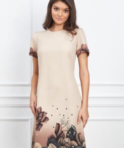 Rochie Viviana bej cu imprimeuri florale maro