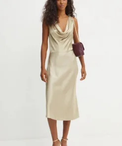 Rochie culoarea bej BOSS midi evazata 50518861