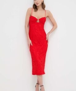 Rochie culoarea rosu Bardot midi drepta
