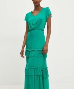 Rochie din matase culoarea verde Answear Lab maxi evazata