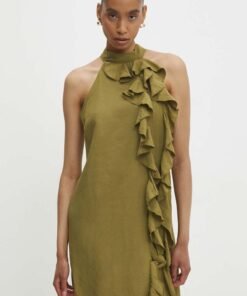 Rochie din in culoarea verde Answear Lab midi oversize
