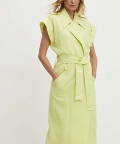Rochie din in culoarea verde Answear Lab midi evazata