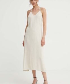 Rochie din in culoarea bej Answear Lab midi drepta