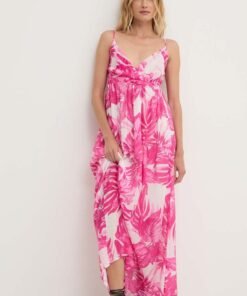 Rochie din matase culoarea roz Answear Lab maxi evazata