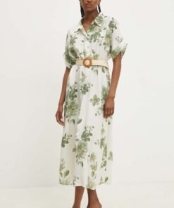 Rochie din in culoarea verde Answear Lab maxi evazata