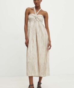Rochie din in culoarea bej Answear Lab midi evazata